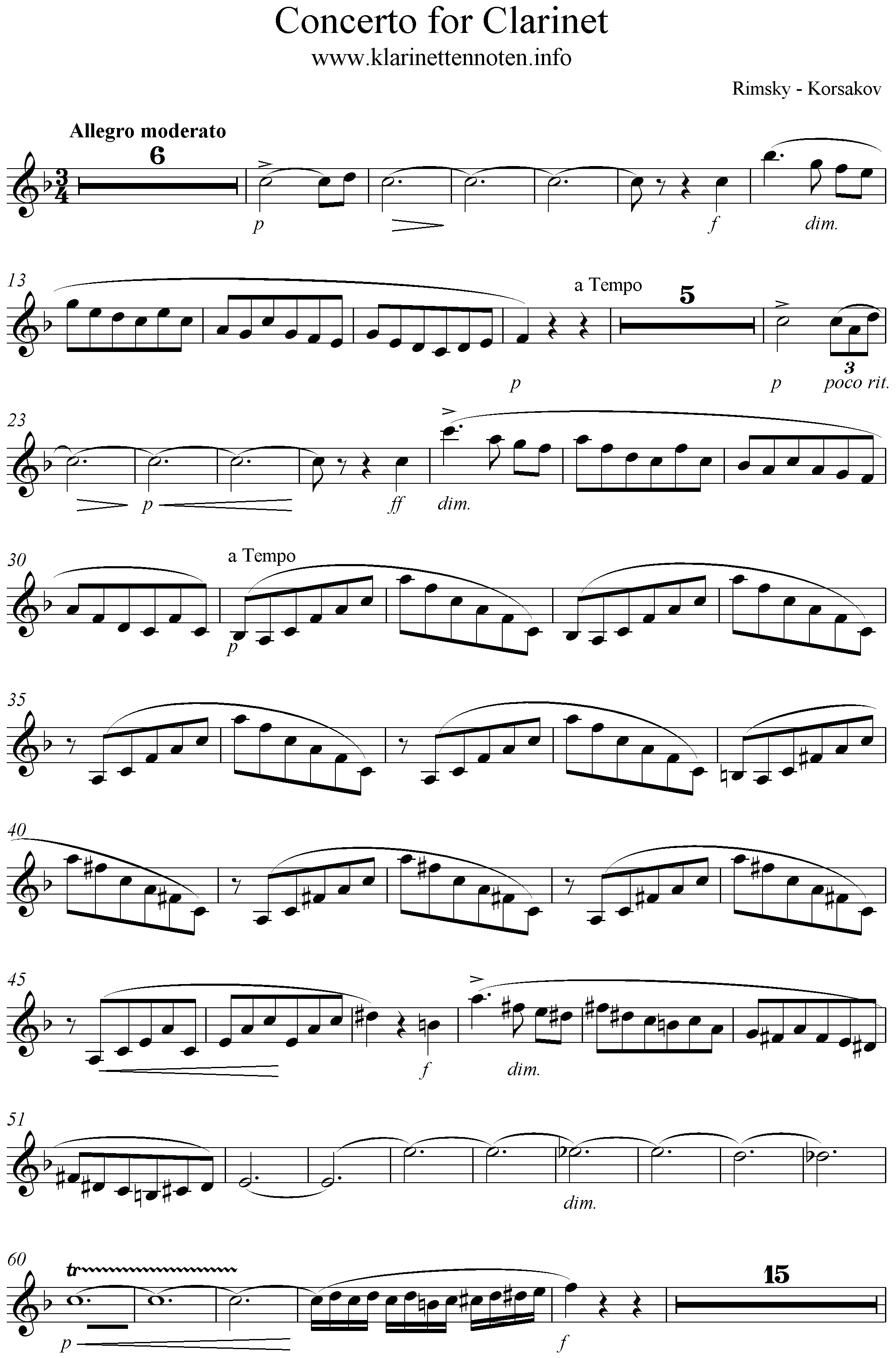 Korsakoy, Clarinet Concerto, Freesheet music